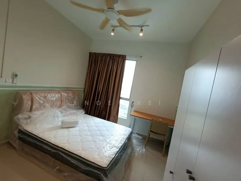 Bedroom features: queen-size bed with mattress, upholstered headboard, ceiling fan with light, curtains in brown, study desk, chair, built-in wardrobe, tile flooring, wall-mounted electrical outlets, window with natural light; style: modern.