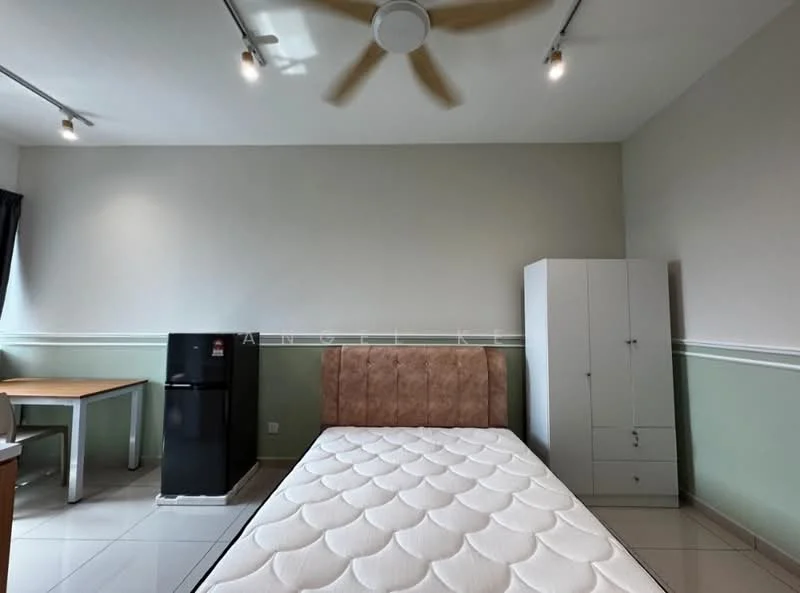 Bedroom features: queen-size bed, upholstered headboard, white walls with green accent, ceiling fan, recessed lighting, tile flooring, fridge, wooden dining table, white wardrobe, window with black curtains; style: modern.