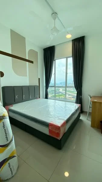 Bedroom features: king-size bed with mattress, upholstered headboard, floor-to-ceiling window, blackout curtains, ceiling fan, study desk, chair, tile flooring, decorative wall with abstract design, view of city skyline; style: modern; view: city.