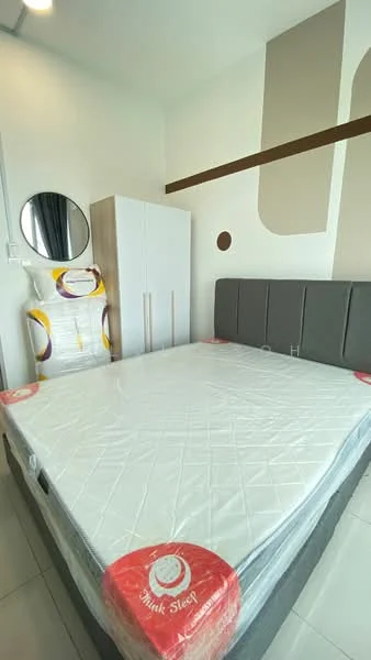 Bedroom features: queen-size bed with mattress, upholstered headboard in grey, white painted walls, mirror on wall, built-in wardrobe in white, decorative wall design, tile flooring, natural light from window; style: modern.