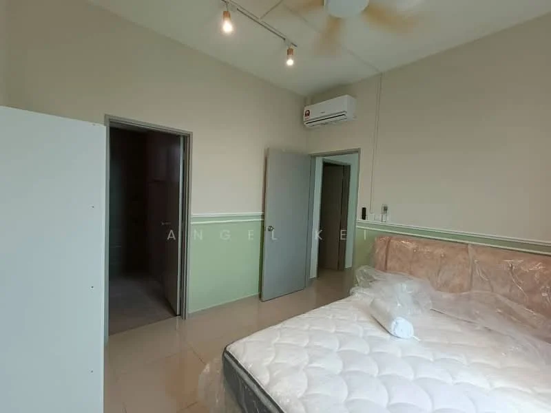 Bedroom features: cream painted walls, green accent wall, tile flooring, 5-blade ceiling fan, wall-mounted split AC, queen-size bed with mattress, built-in wardrobe, door leading to bathroom, door leading to hallway, recessed lighting; style: modern.