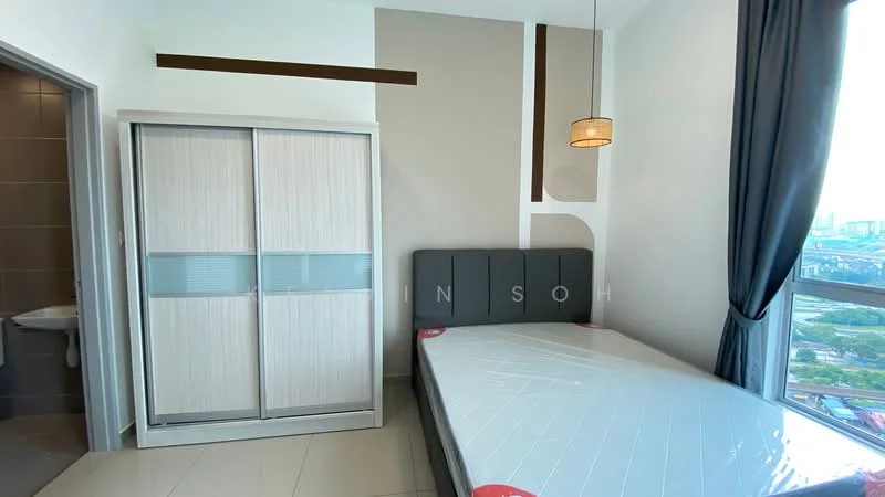 Bedroom features: queen-size bed, upholstered headboard, built-in wardrobe with sliding doors, pendant light fixture, floor-to-ceiling windows, grey accent wall, cream painted walls, tile flooring; style: modern; view: city. Bathroom features: one-piece toilet, sink with chrome basin mixer, grey tiled walls, grey tiled flooring; style: modern.