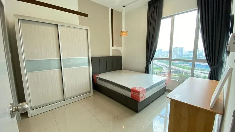 Bedroom features: king-size bed with mattress, upholstered headboard, built-in wardrobe with sliding doors, large window with city view, curtains, wooden bedside table, tile flooring, ceiling light fixture; style: modern; view: city.