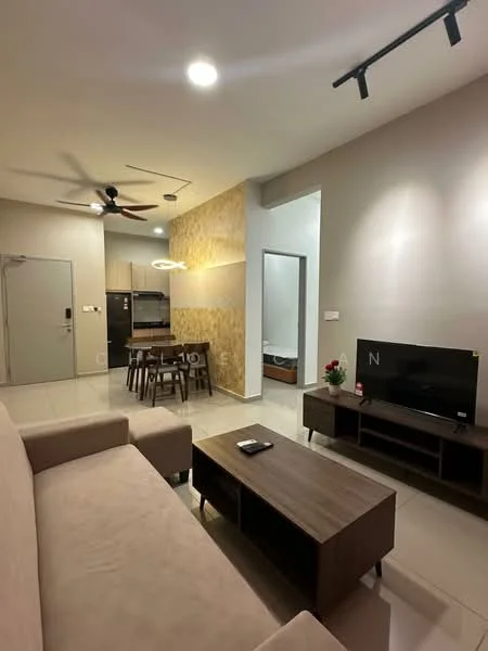 Living features: 3-seater fabric sofa in beige, wooden coffee table, TV console, wall-mounted TV, ceiling fan, recessed downlights, decorative wall with stone cladding, dining table with chairs, open layout to kitchen, tiles flooring, neutral painted walls; style: modern. Kitchen features: kitchen cabinets, stainless-steel sink, built-in oven, freestanding range oven, refrigerator, countertop, open layout to living area; style: modern.