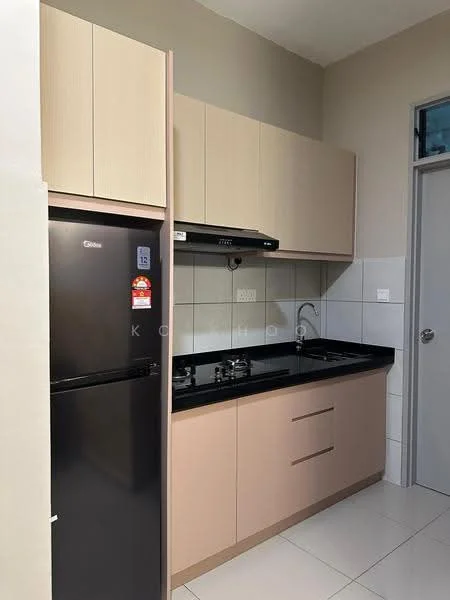 Kitchen features: black granite countertop, light beige cabinetry, stainless-steel sink, chrome pull-down faucet, built-in gas hob, exhaust hood, black refrigerator, white tiled backsplash, white tiled flooring, wall-mounted cabinets, single-bowl sink; style: modern.