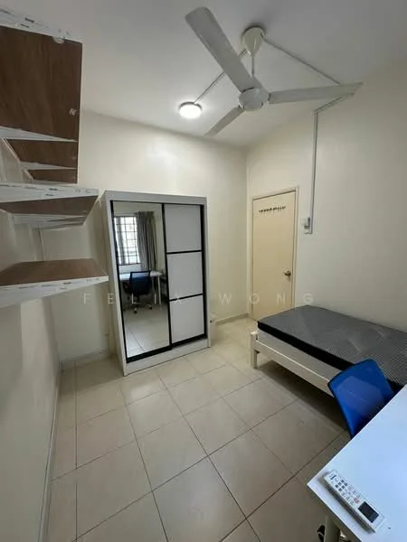 Bedroom features: single bed, built-in wardrobe with sliding doors, study desk, blue chair, ceiling fan, white painted walls, tile flooring, window with curtains, shelves on wall; style: minimalist.