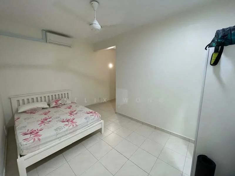 Bedroom features: white painted walls, tile flooring, ceiling fan, single bed frame with floral bedding, built-in wardrobe, air conditioning unit.