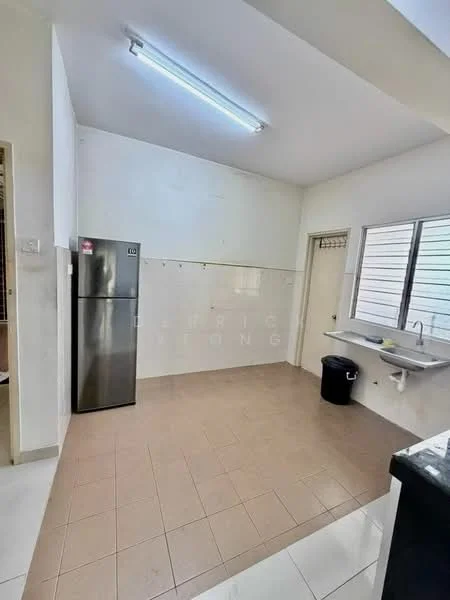 Kitchen features: white painted walls, tile flooring, single-bowl stainless-steel sink, chrome pull-down faucet, built-in cabinetry, fridge, window with horizontal slats, countertop, black trash bin, light fixture on ceiling.