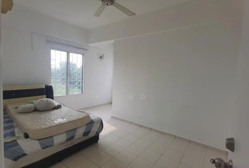Bedroom features: white painted walls, tile flooring, window with grid pattern, ceiling fan, single bed, bedside pillow, natural light from window; view: garden.