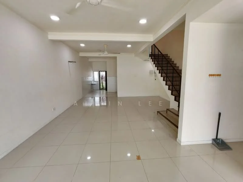 Living features: white painted walls, polished ceramic tile flooring, 5-blade ceiling fan, staircase with wooden steps, open layout, large windows for natural light, neutral color scheme, no visible furniture; style: modern. Kitchen features: white painted walls, polished ceramic tile flooring, kitchen area visible, open layout to living area; style: modern.