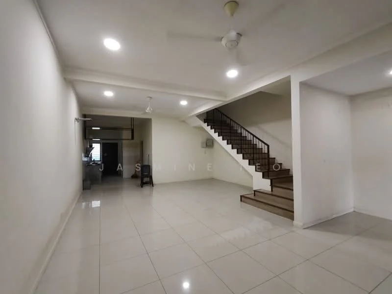 Room features: white painted walls, polished ceramic tile flooring, ceiling fan, staircase with wooden steps, open layout, large windows for natural light, air conditioning unit, neutral color scheme; style: modern.