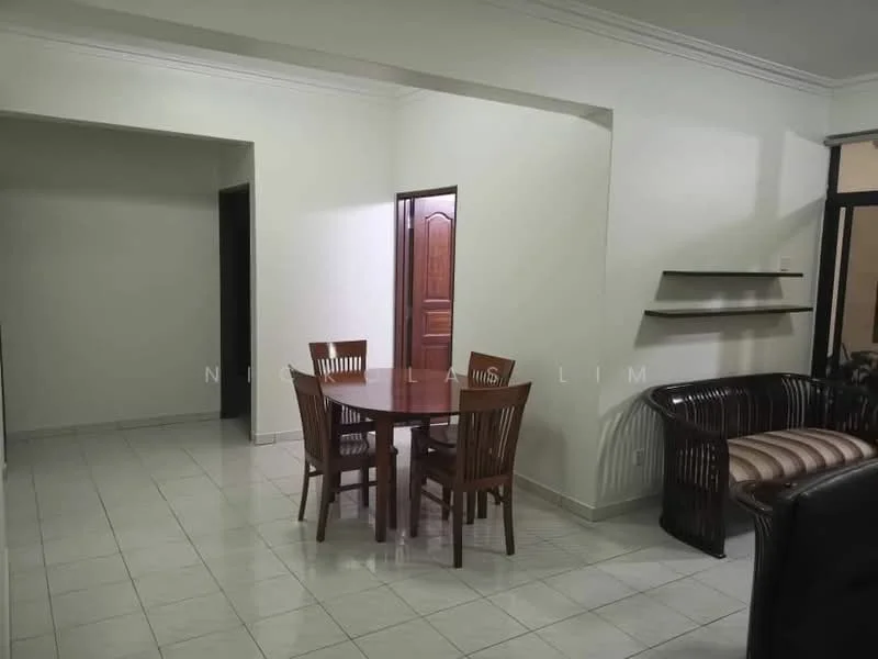 Dining features: round dining table, 4 wooden dining chairs, white painted walls, ceramic tile flooring, shelf on wall, doorway leading to another room, doorway leading to hallway, natural light from window. Living features: rattan sofa, white painted walls, ceramic tile flooring, natural light from window.
