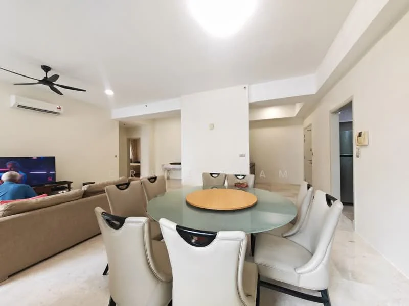 Dining features: round dining table, upholstered dining chairs, 5-blade ceiling fan, wall-mounted split AC, cream painted walls, marble flooring, recessed downlights, open layout to living area; style: modern. Living features: 3-seater fabric sofa in beige, coffee table, TV console, wall-mounted TV, cream painted walls, marble flooring, recessed downlights, open layout to dining area; style: modern.