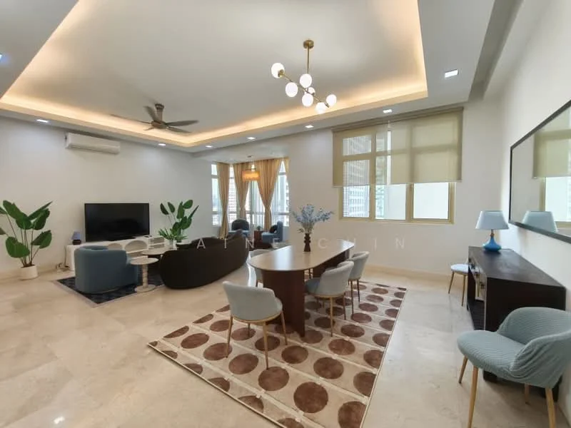 Living features: marble tile flooring, tray ceiling with recessed lighting, 5-blade ceiling fan, wall-mounted TV, sofa set in blue fabric, round dining table, upholstered dining chairs, decorative area rug with circular pattern, large windows with sheer curtains, potted plants, wooden sideboard, table lamp; style: modern.