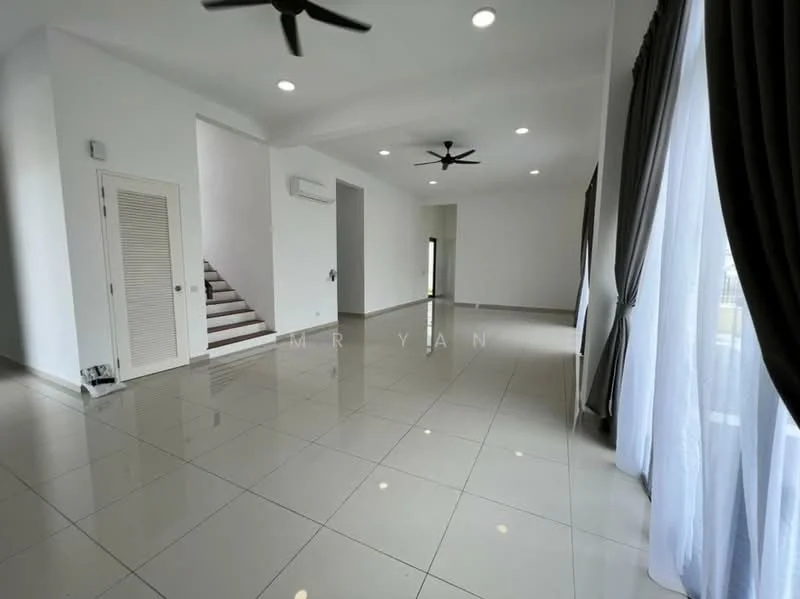 Living features: glossy tile flooring, white painted walls, recessed downlights, 2 ceiling fans, large windows with sheer curtains, staircase visible in background, air conditioning unit on wall, doorway leading to another room; style: modern.