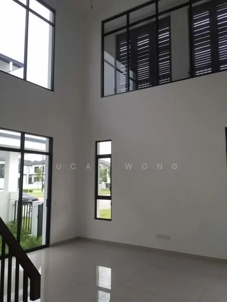Room features: white painted walls, large floor-to-ceiling windows, grey tiled flooring, staircase with wooden handrail, high ceiling, natural light, minimalist design; style: modern; view: garden.