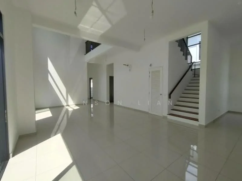 Room features: white painted walls, glossy ceramic tile flooring, large windows allowing natural light, staircase with wooden steps, high ceiling, recessed downlights, open layout, no visible furniture; style: modern.