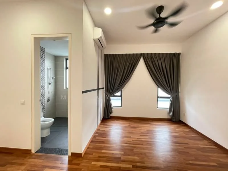 Room features: wooden flooring, white painted walls, 5-blade ceiling fan, two windows with sheer curtains, door leading to bathroom, grey curtains, air conditioning unit, decorative wall trim; style: modern.