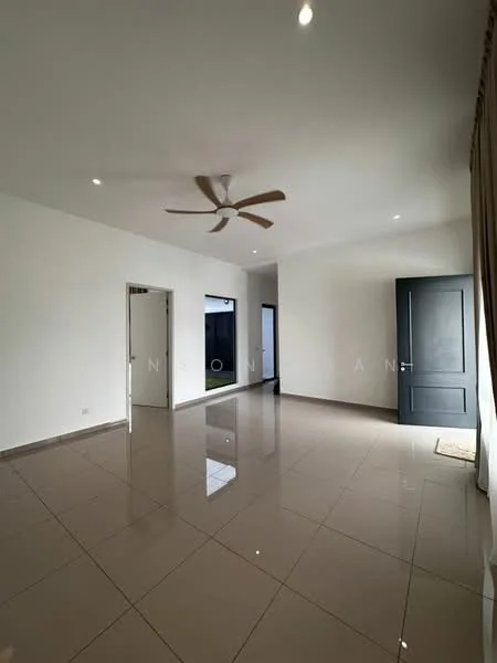Living features: white painted walls, glossy beige tile flooring, 5-blade ceiling fan, recessed downlights, large windows, sliding glass door, curtains, door to hallway, door to outdoor area; style: modern; view: garden.