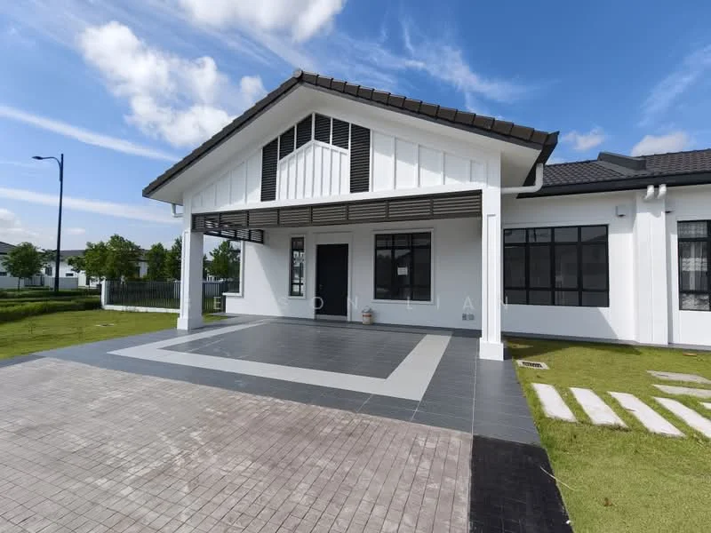 Exterior type: detached bungalow; features: white painted facade, pitched tile roof, large front porch with grey tiles, black window frames, manicured lawn, concrete driveway, landscaped garden, modern architectural design; style: modern.