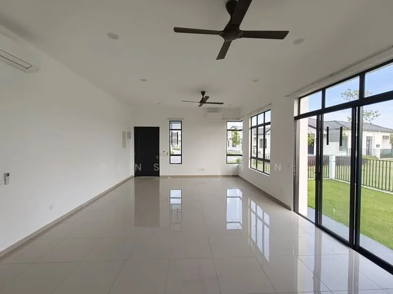 Living features: white painted walls, polished ceramic tile flooring, 5-blade ceiling fan, floor-to-ceiling windows, sliding glass door, air conditioning unit, black door, green view from windows; style: modern; view: garden.