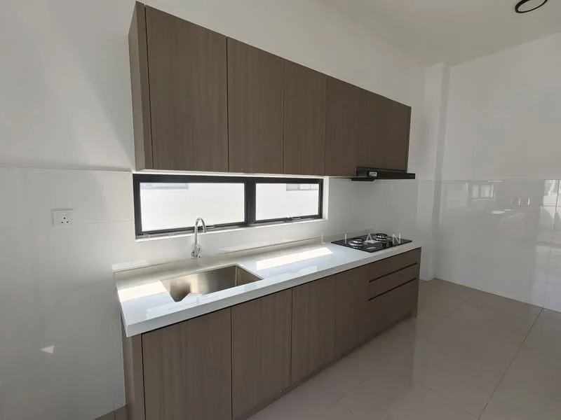 Kitchen features: brown cabinetry, white quartz countertop, single-bowl stainless-steel sink, chrome pull-down faucet, built-in gas hob, exhaust hood, white tiled backsplash, glossy ceramic tile flooring, floor-to-ceiling windows; style: modern.