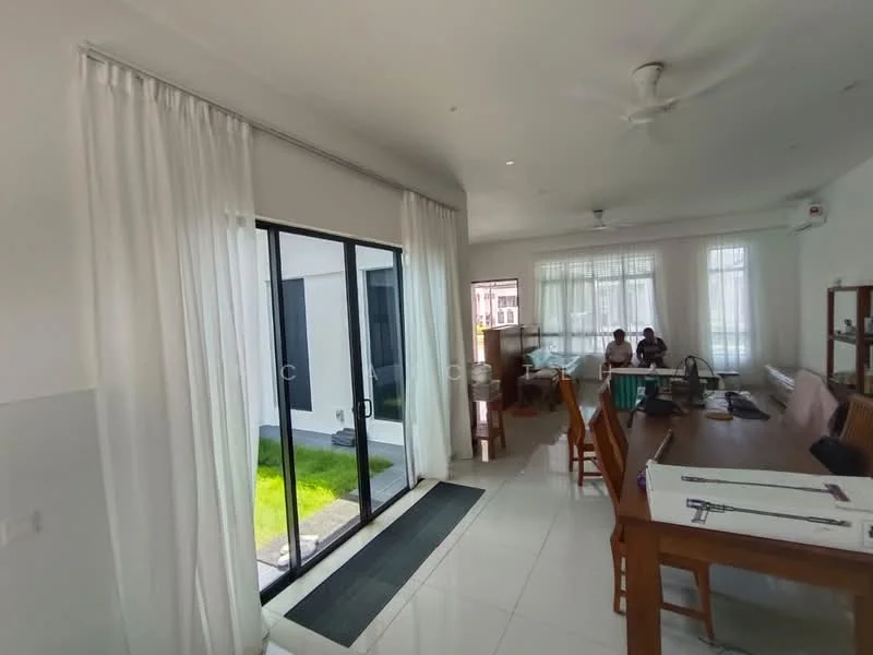 Living features: white painted walls, glossy tile flooring, 5-blade ceiling fan, floor-to-ceiling windows, sliding glass door, sheer curtains, dining table with chairs, wooden sideboard, area rug, greenery view through sliding door; style: modern; view: garden.