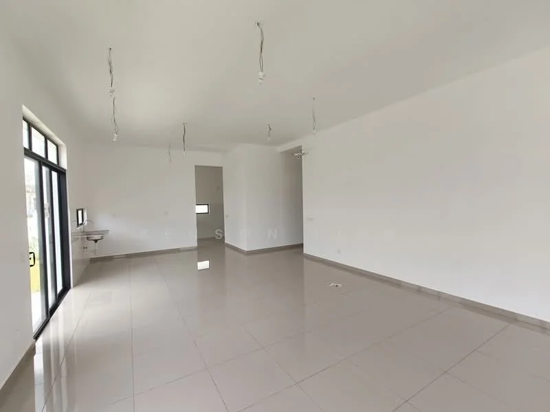 Room features: white painted walls, glossy ceramic tile flooring, floor-to-ceiling windows, multiple pendant light fixtures, open layout, no visible furniture, neutral color scheme, high ceiling; style: modern.