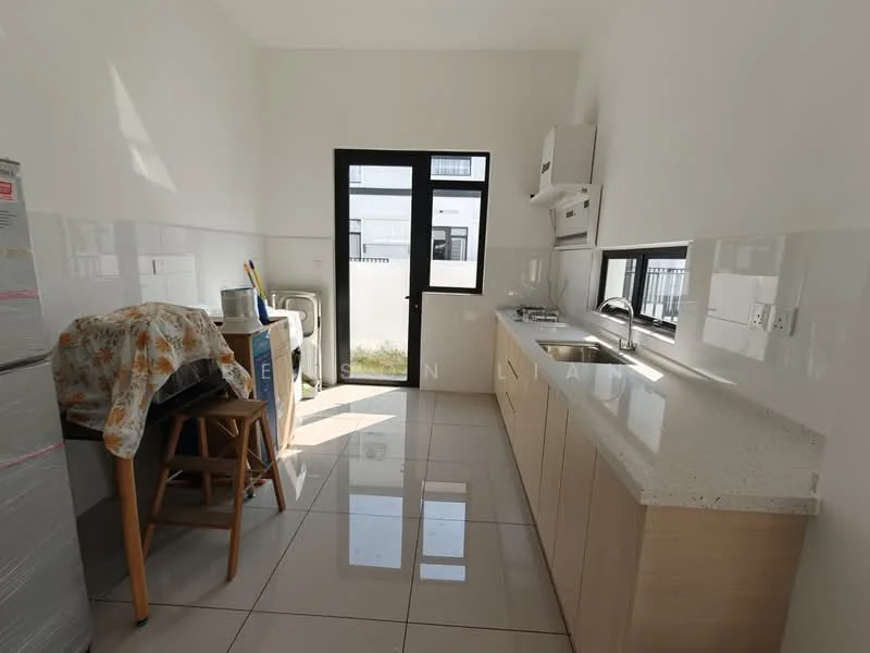 Kitchen features: white painted walls, glossy tile flooring, light wood cabinetry, white countertop, stainless-steel sink, chrome pull-down faucet, built-in gas hob, window with black frame, refrigerator, bar stool, kitchen appliances, open layout; style: modern.
