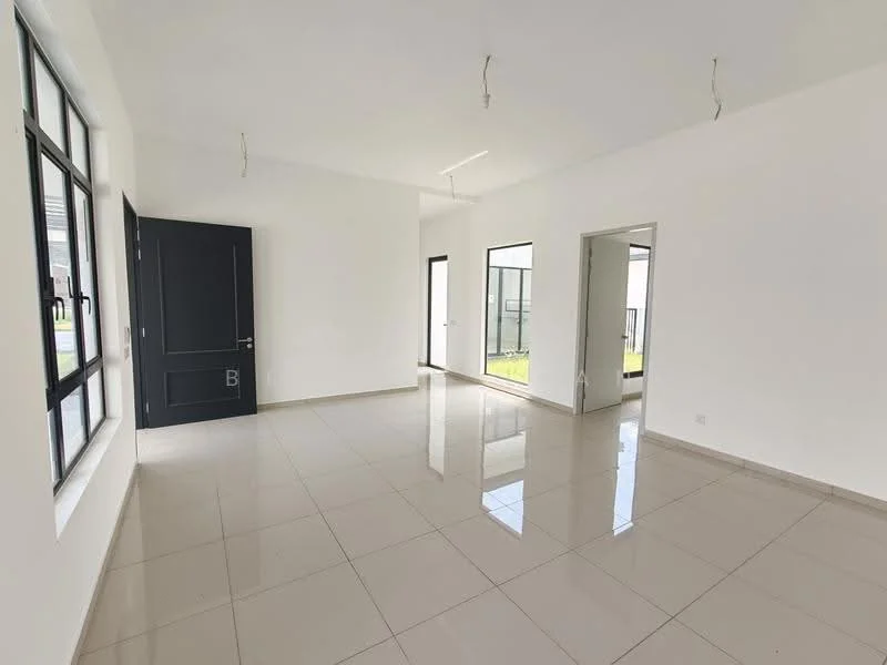 Room features: white painted walls, glossy ceramic tile flooring, large windows with black frames, double door, single door, natural light from windows, minimalist design, no visible furniture; style: modern; view: garden.