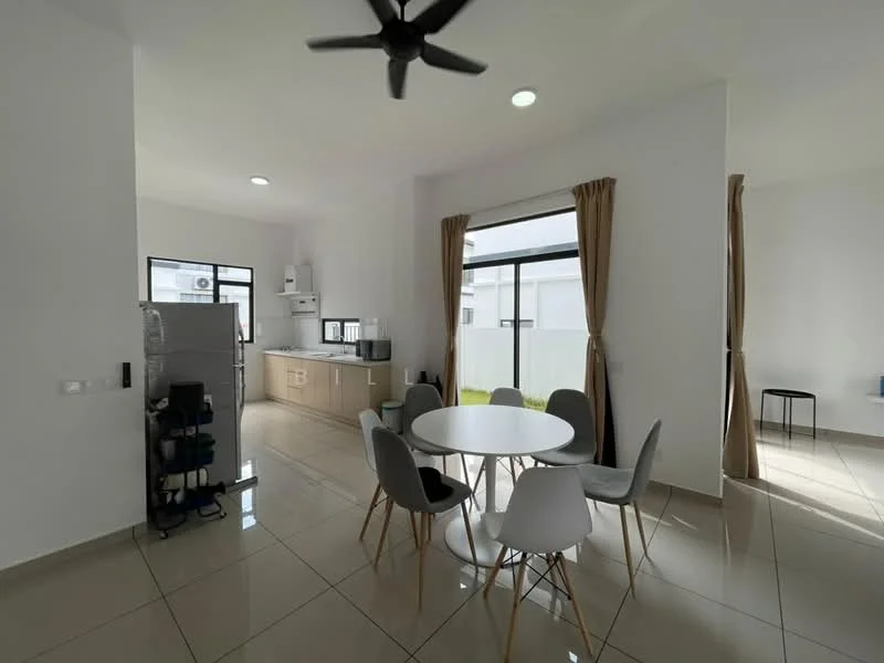 Dining features: round dining table, 4 grey upholstered dining chairs, white walls, large windows with sheer curtains, recessed downlights, polished ceramic tile flooring, ceiling fan, open layout to kitchen, kitchen cabinetry in light wood, stainless-steel fridge, microwave, kitchen countertop, sink, window view to outdoor area; style: modern; view: garden. Kitchen features: light wood cabinetry, stainless-steel appliances, kitchen countertop, sink, open layout to dining area; style: modern; view: garden.