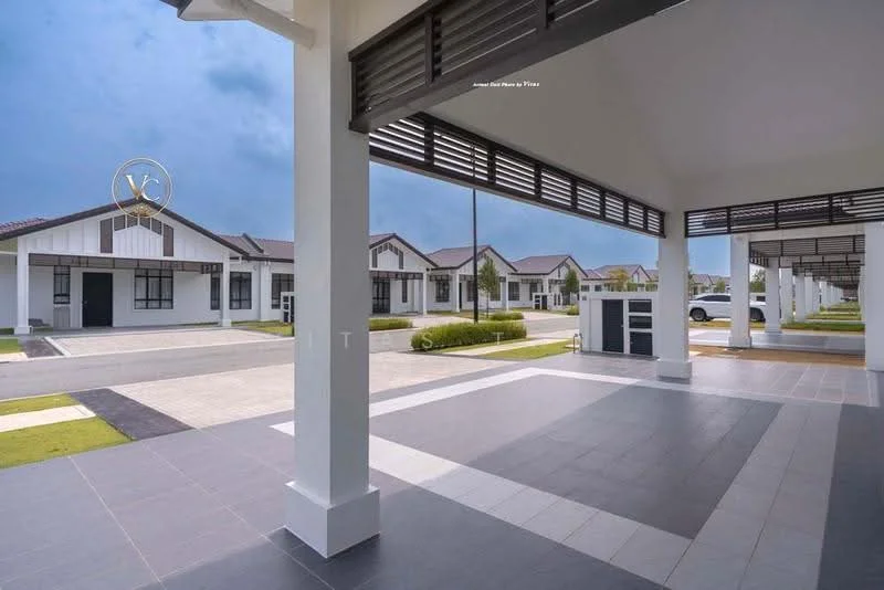 Exterior type: linked terrace house; features: white painted facade, grey tiled roof, manicured lawn, paved driveway, covered car porch, horizontal louvre screens, modern architectural design, surrounded by greenery; style: modern.