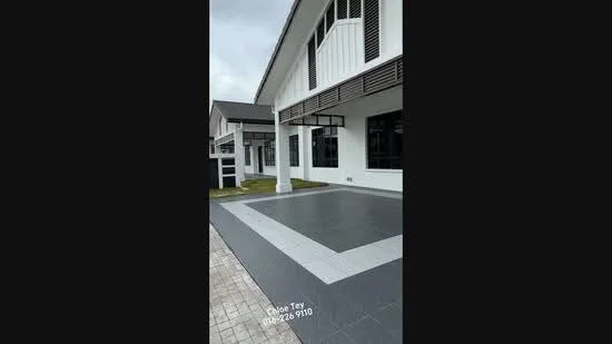 Exterior type: linked terrace house; features: white painted facade, large windows, covered porch area, paved walkway, manicured lawn, grey tiled flooring, modern architectural design, two-storey structure; style: modern.