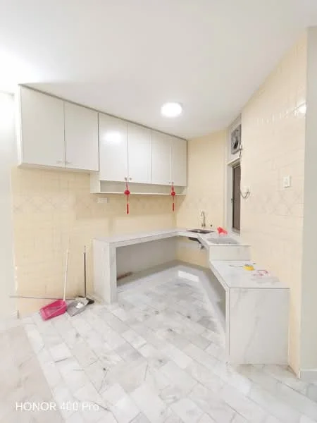 Kitchen features: white cabinetry with flat-panel doors, marble countertop, single-bowl stainless-steel sink, chrome pull-down faucet, white tiled walls, marble tile flooring, window with view, light fixture in ceiling, cleaning supplies on floor; style: modern.
