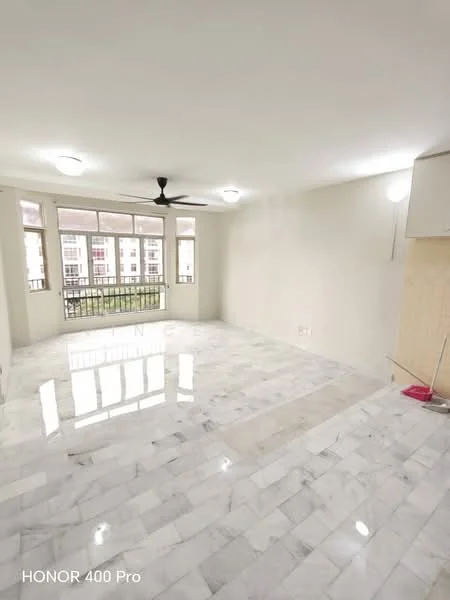 Living features: marble flooring, white painted walls, 5-blade ceiling fan, floor-to-ceiling windows, natural light from multiple windows, balcony access, light fixtures, open layout; style: modern.