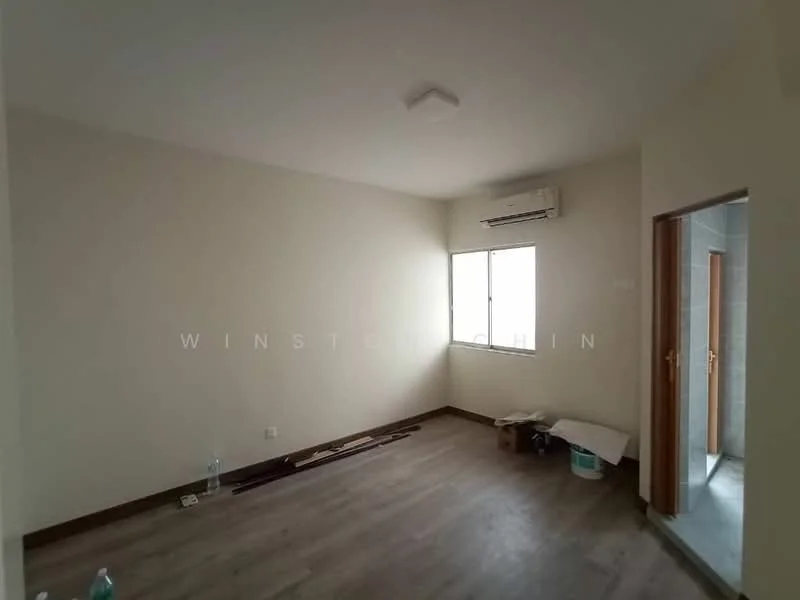 Room features: light-colored painted walls, laminate flooring, window with natural light, wall-mounted split AC, ceiling light, doorway leading to another room, baseboard trim, unfurnished; style: minimalist.