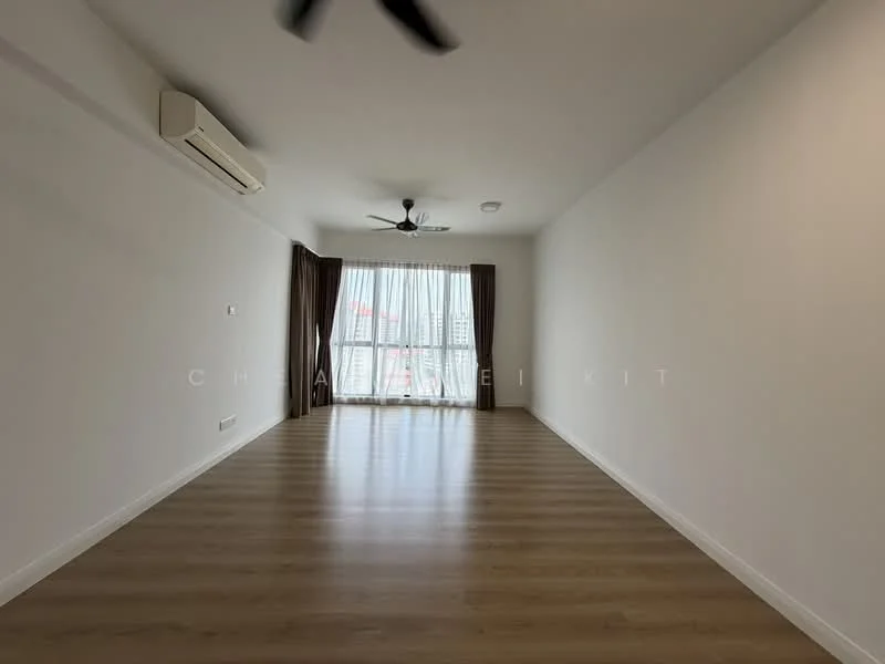 Living features: light wood laminate flooring, white painted walls, 5-blade ceiling fan with light, floor-to-ceiling windows, sheer curtains, curtains in brown, air conditioning unit, natural light from windows; style: modern; view: city.
