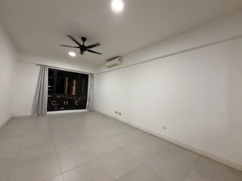 Living features: white painted walls, tile flooring, 5-blade ceiling fan, wall-mounted split AC, floor-to-ceiling windows, curtains, neutral color scheme, no visible furniture; style: modern; view: city.