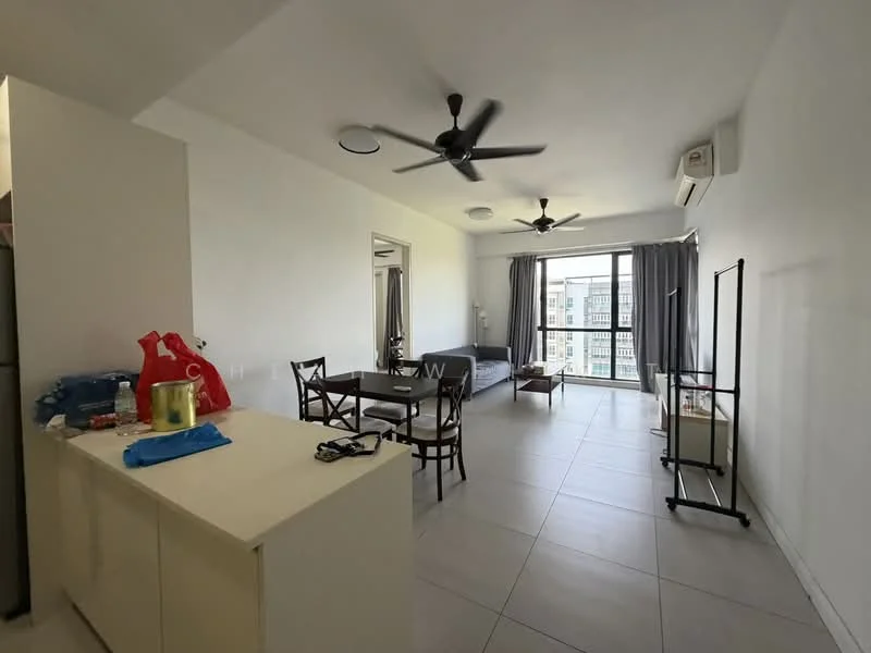 Living features: light grey tiled flooring, white painted walls, 2 ceiling fans, floor-to-ceiling windows, curtains, dining table with 4 chairs, sofa, air conditioning unit, open layout, decorative wall mirror, clothes rack, kitchen island with storage; style: modern; view: city.