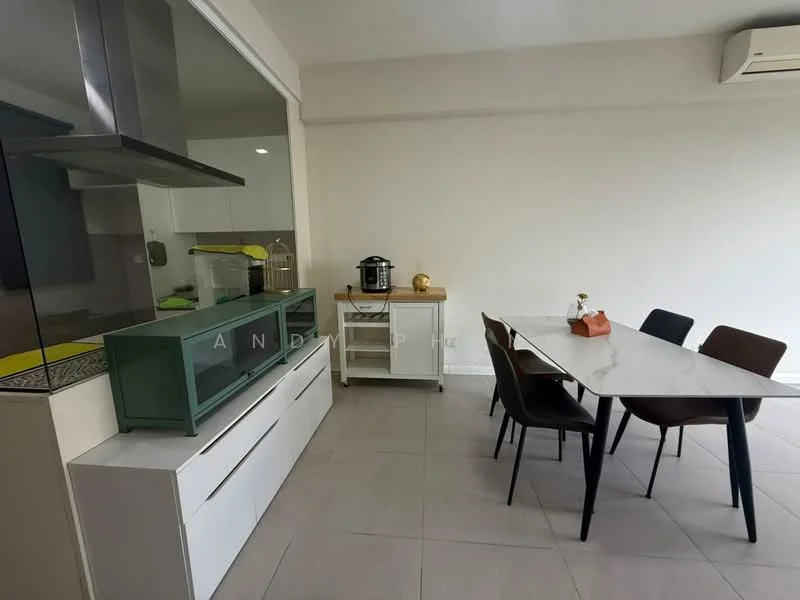 Dining features: white dining table, 4 dining chairs in brown, sideboard with green cabinet, kitchenette area visible, grey tiled flooring, air conditioning unit on wall, decorative item on table, window with sheer curtains; style: modern. Kitchen features: white cabinetry, stainless-steel range hood, built-in appliances, green countertop, open layout to dining area; style: modern.