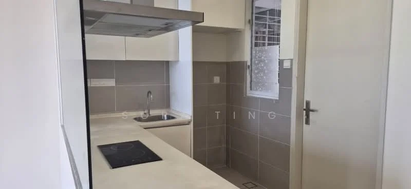 Kitchen features: white cabinetry, grey tiled backsplash, white countertop, single-bowl stainless-steel sink, chrome pull-down faucet, built-in induction cooktop, exhaust hood, grey wall tiles, window with frosted glass, light-colored flooring; style: modern.