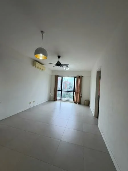Living features: white painted walls, tile flooring, 5-blade ceiling fan with light, recessed downlights, floor-to-ceiling windows, sliding glass door, curtains, air conditioning unit; style: modern; view: city.