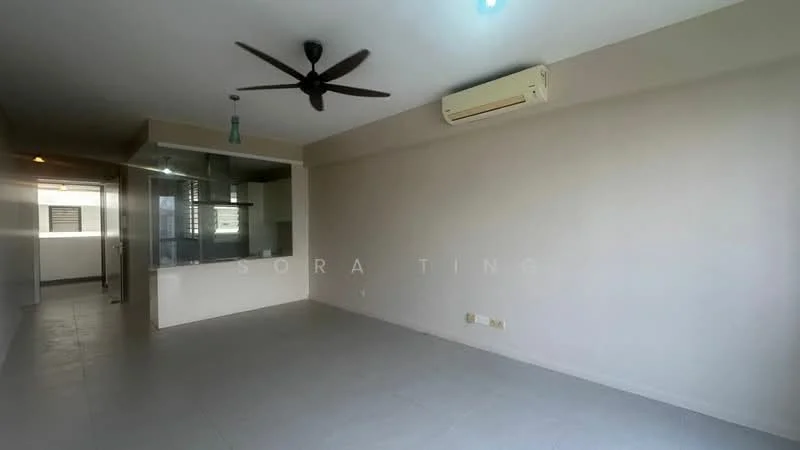 Living features: light grey tiled flooring, white painted walls, 5-blade ceiling fan with light, wall-mounted split AC, large window with natural light, open layout to kitchen, recessed lighting, neutral color scheme; style: modern.