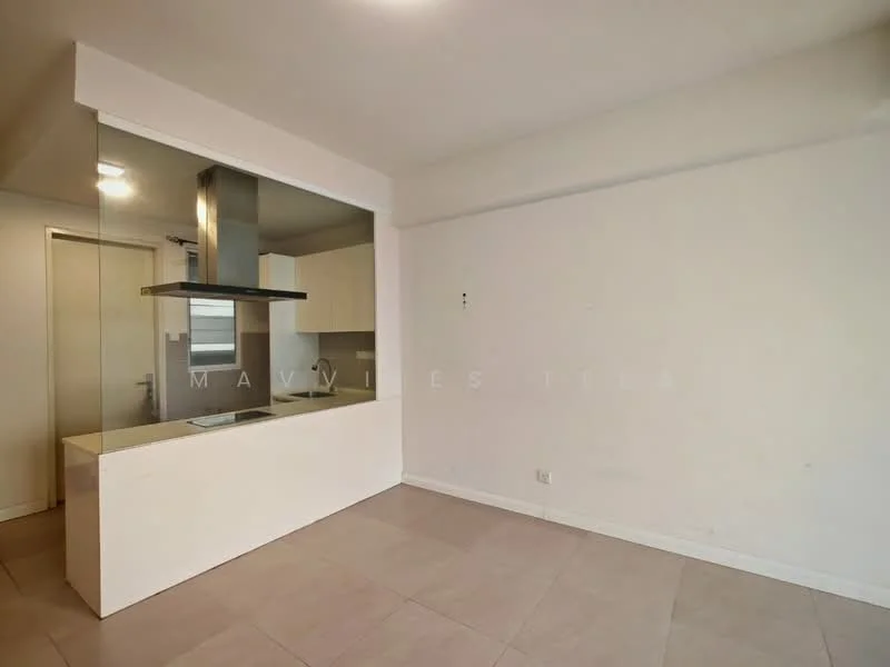 Kitchen features: white cabinetry, stone countertop, stainless-steel range hood, built-in oven, ceramic tile flooring, open layout, kitchen island, recessed lighting; style: modern. Room features: plain white walls, neutral color scheme, large window, minimalist design.