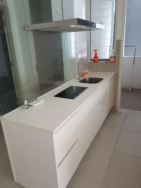 Kitchen features: white cabinetry, single-bowl stainless-steel sink, chrome pull-down faucet, built-in induction cooktop, glass splashback, light-colored countertop, tile flooring, open layout, window for natural light, clean modern design; style: modern.