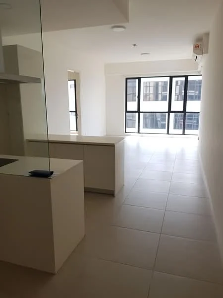 Room features: white painted walls, large floor-to-ceiling windows, light-colored tile flooring, open layout, air conditioning unit, kitchen island, recessed ceiling lights; style: modern; view: city.