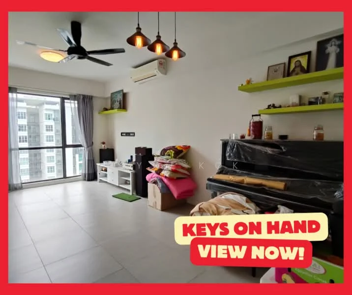 Living features: light grey tiled flooring, white painted walls, 5-blade ceiling fan with light, recessed downlights, large floor-to-ceiling windows, black piano, white TV console, green floating shelves, decorative wall art, stack of colorful blankets, green area rug; style: modern.