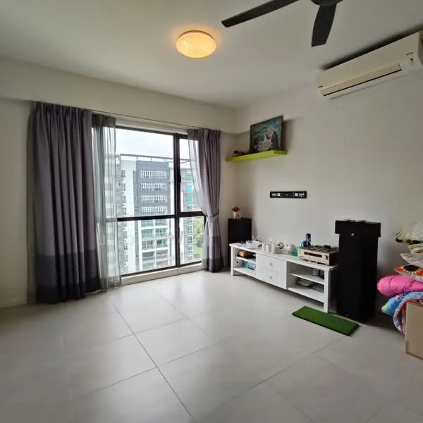 Room features: large floor-to-ceiling window, grey curtains, white walls, tile flooring, ceiling light fixture, ceiling fan, wall-mounted air conditioning unit, white console table, green accent shelf, decorative items on shelf, colorful bedding or cushions; style: modern; view: city.