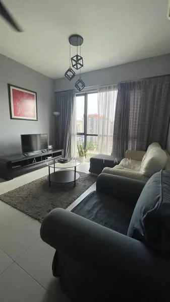 Living features: grey painted walls, floor-to-ceiling windows, sheer curtains, blackout curtains, 3-seater fabric sofa in navy, 2-seater fabric sofa in cream, coffee table, TV console, wall-mounted TV, area rug with geometric pattern, pendant light, decorative plants; style: modern; view: city.