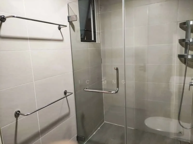 Bathroom features: glass shower enclosure, rain shower head, handheld shower, wall-mounted shower shelf, white toilet, grey ceramic tile walls, grey ceramic tile flooring, grab bars, small window, chrome fixtures; style: modern.
